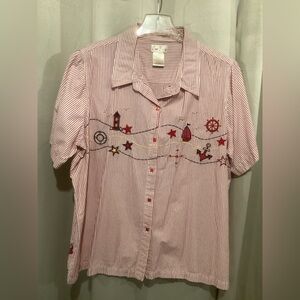 Striped Short-Sleeve Button-Up Shirt; Americana Nautical Embroidery - Red &White